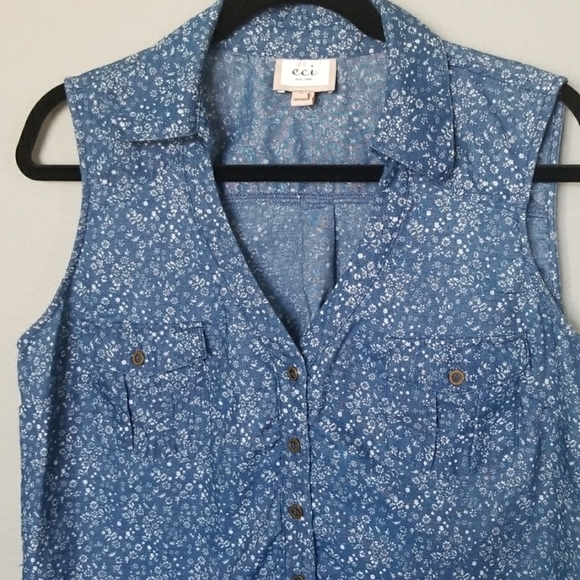 Eci new york 90's Vintage Vibe floral sleeveless chambray Shift dress size large - Picture 2 of 6